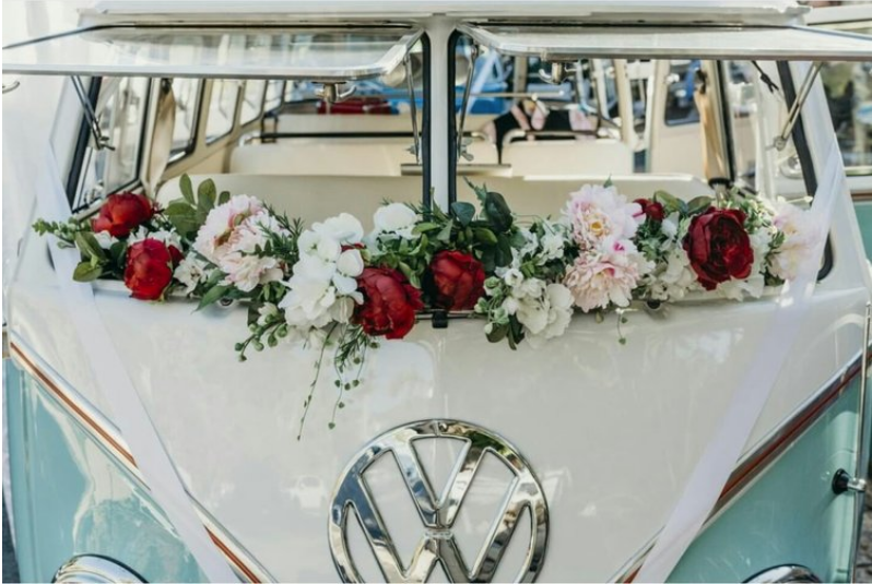 Kombi van decorated for wedding with flowers